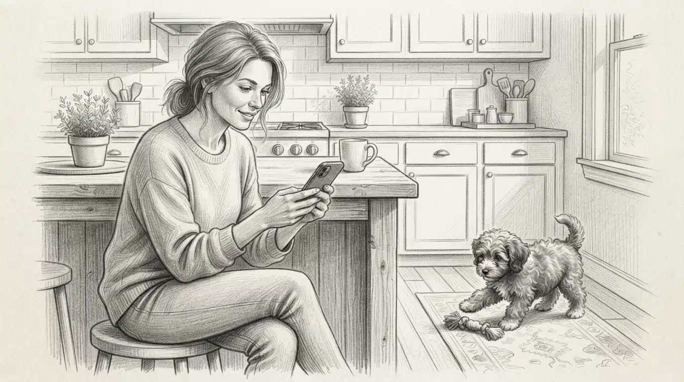 Woman scrolling a phone near a doodle puppy