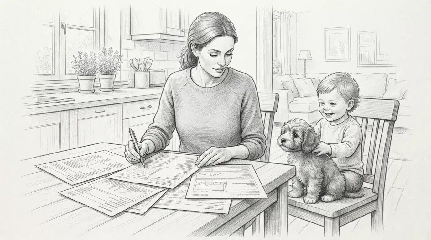 Mother reading puppy health records at kitchen table