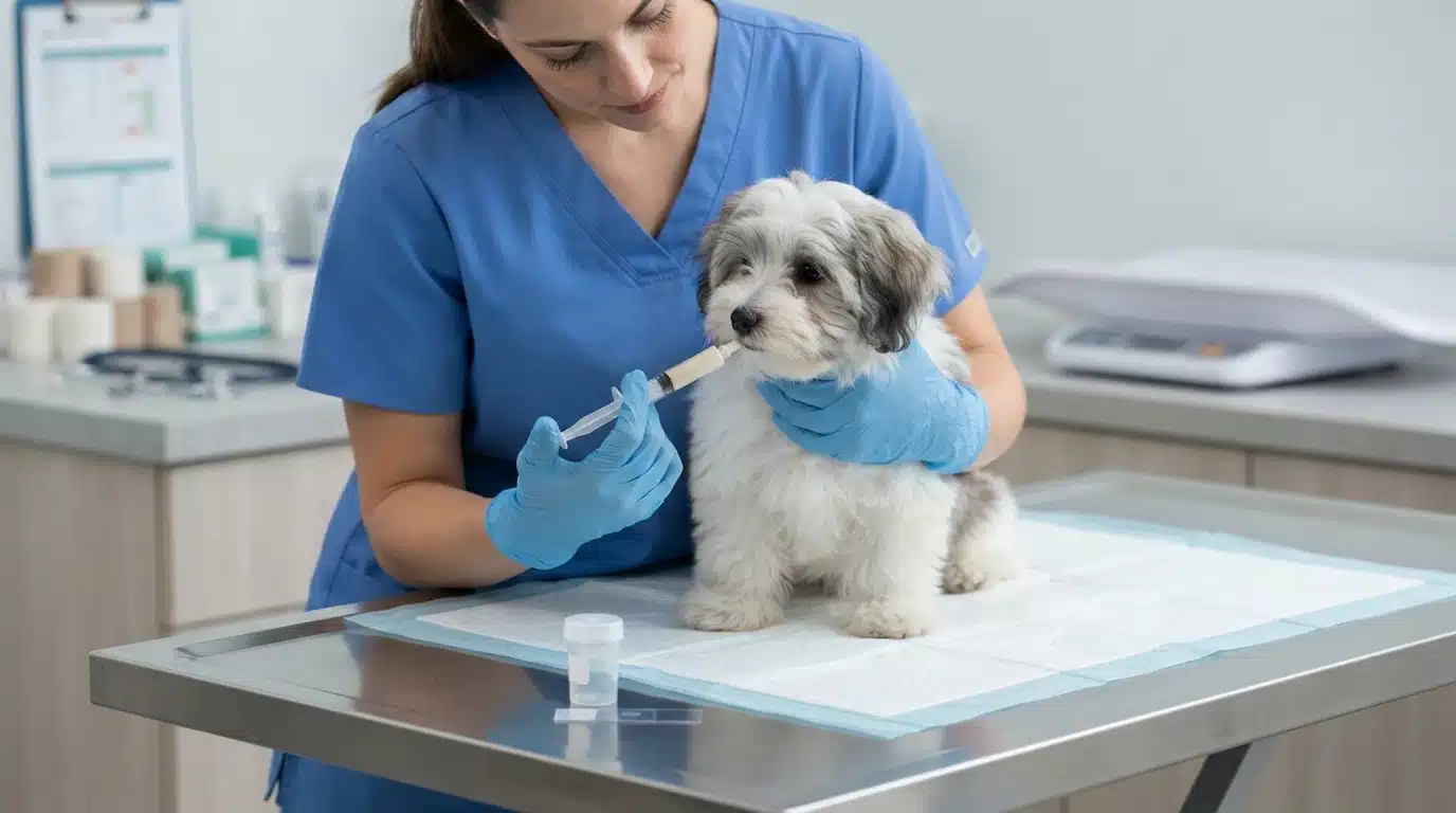 Vet examining a Havanese puppy on an exam table