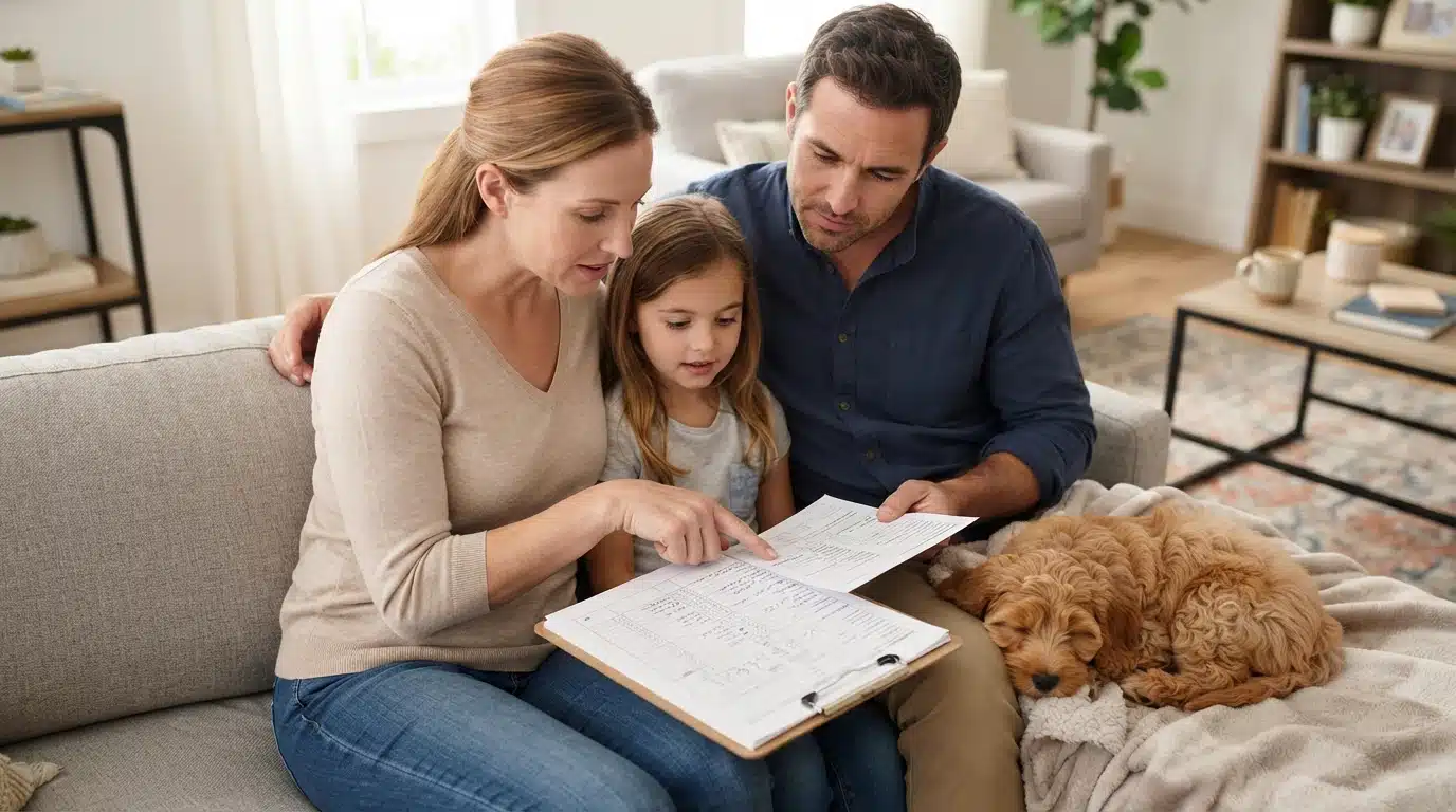 Family reviewing puppy vet records on a couch