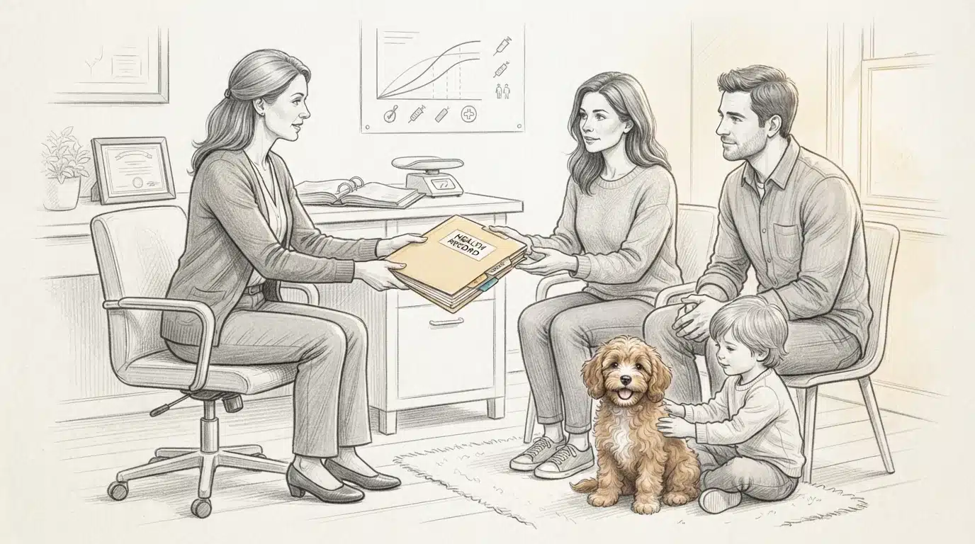 Breeder handing health folder to family with puppy