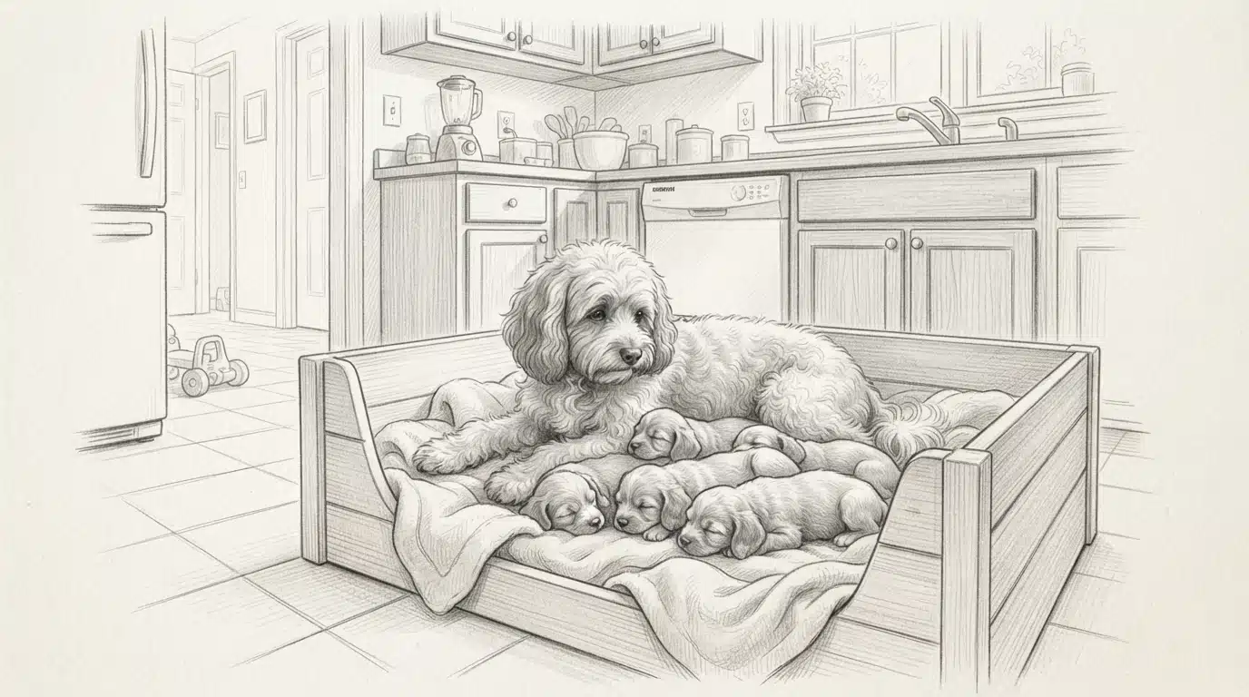 Cavapoo mother nursing puppies in a kitchen whelping box