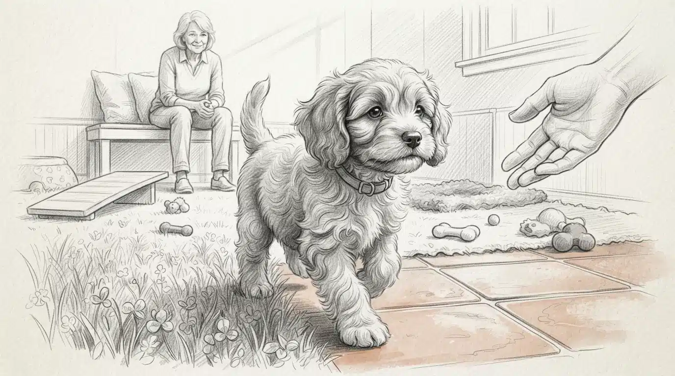 Cavapoo puppy walking across grass and tile