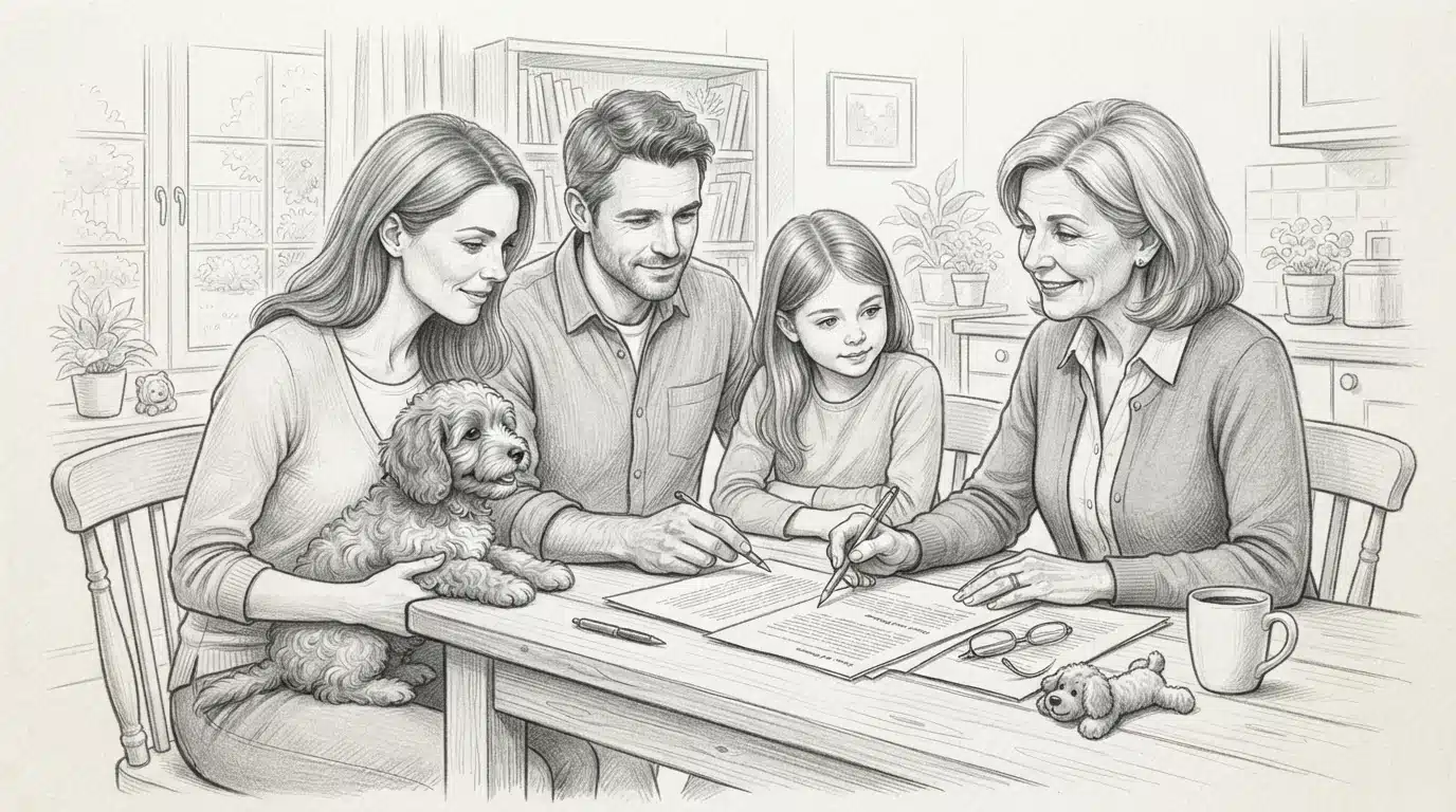 Family and breeder reviewing a puppy contract at a table