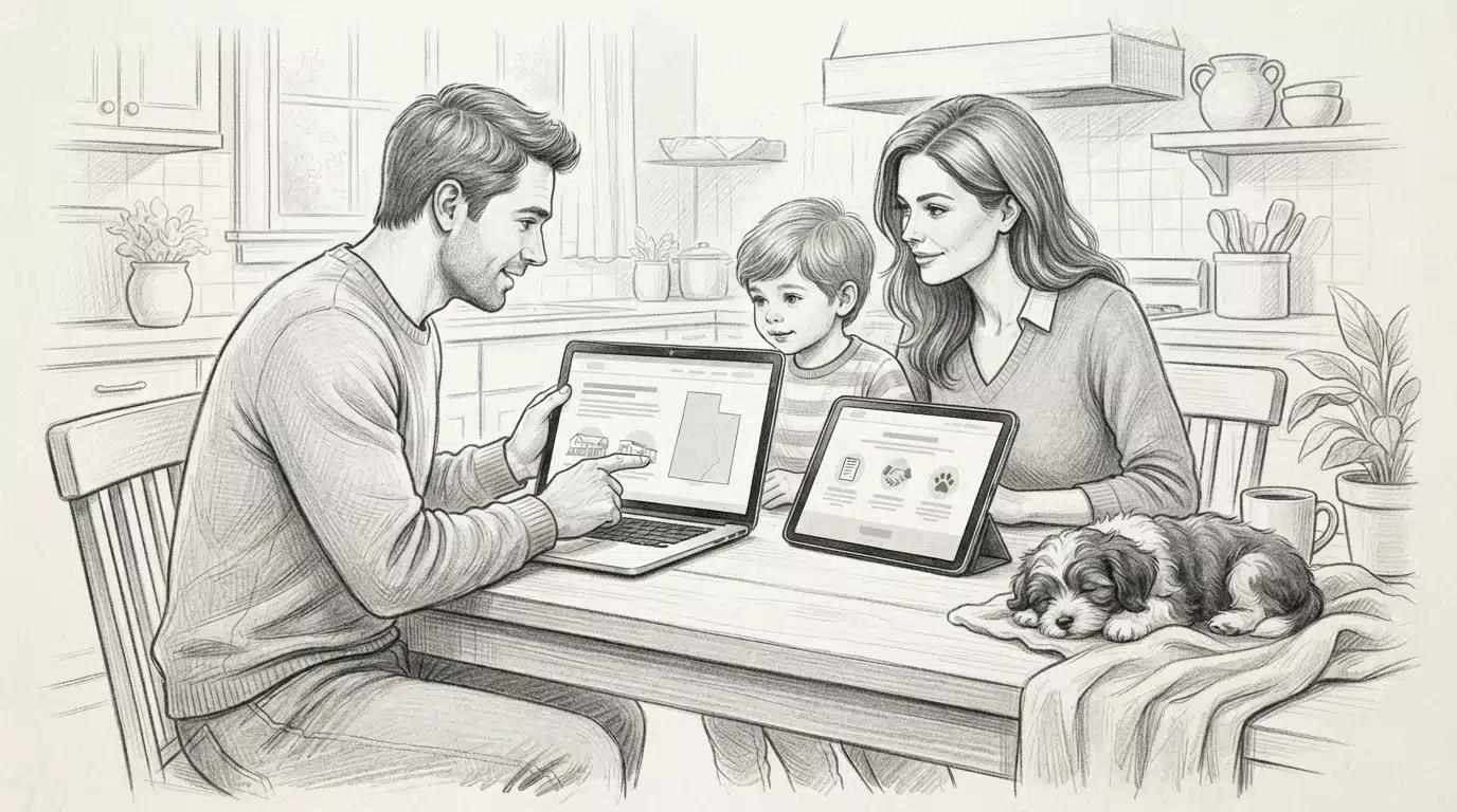 Family comparing breeder websites with a puppy nearby
