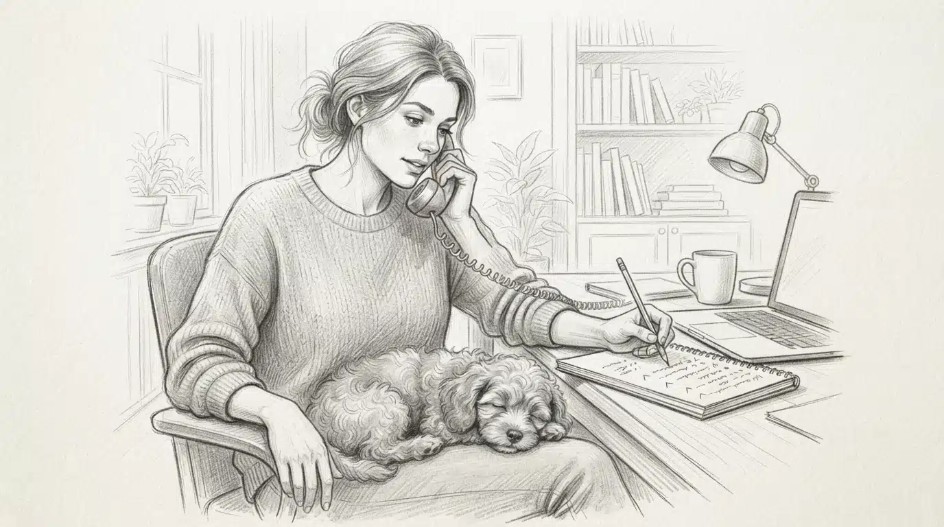 Woman taking notes on lap with resting Cavapoo
