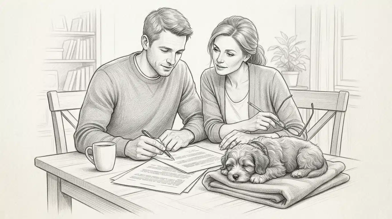 Couple reviewing a puppy contract at a table
