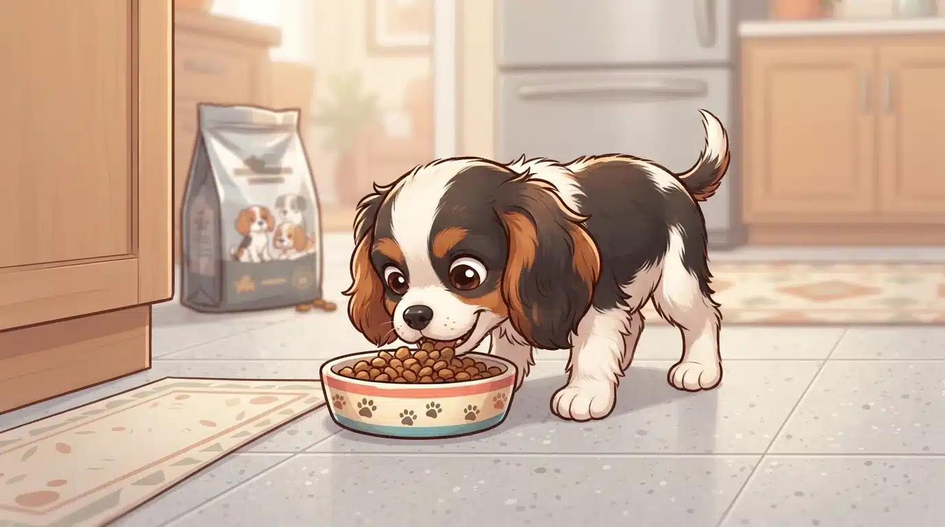 Small breed puppy eating from a shallow bowl