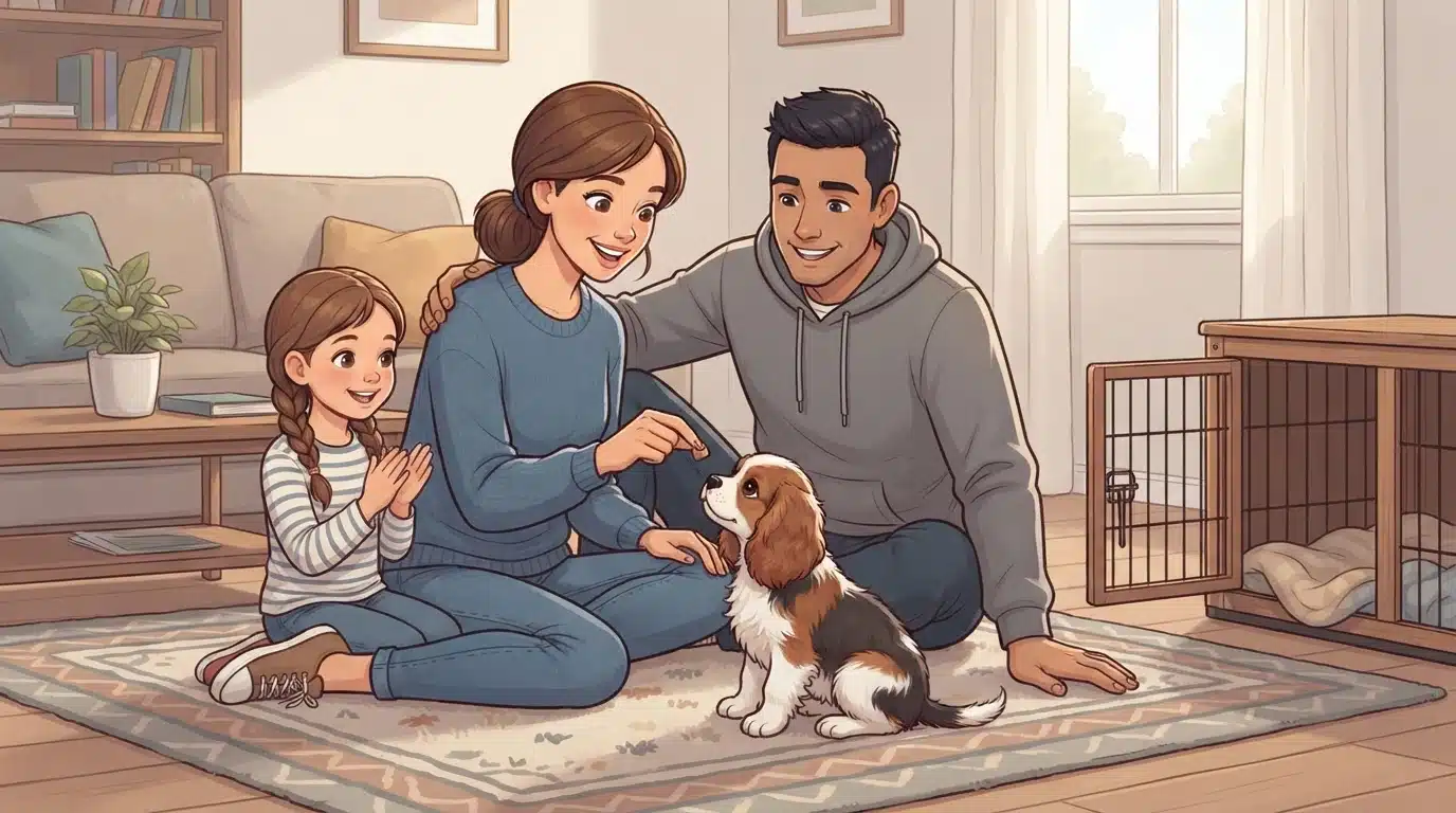 Family rewards small fluffy puppy on living room rug