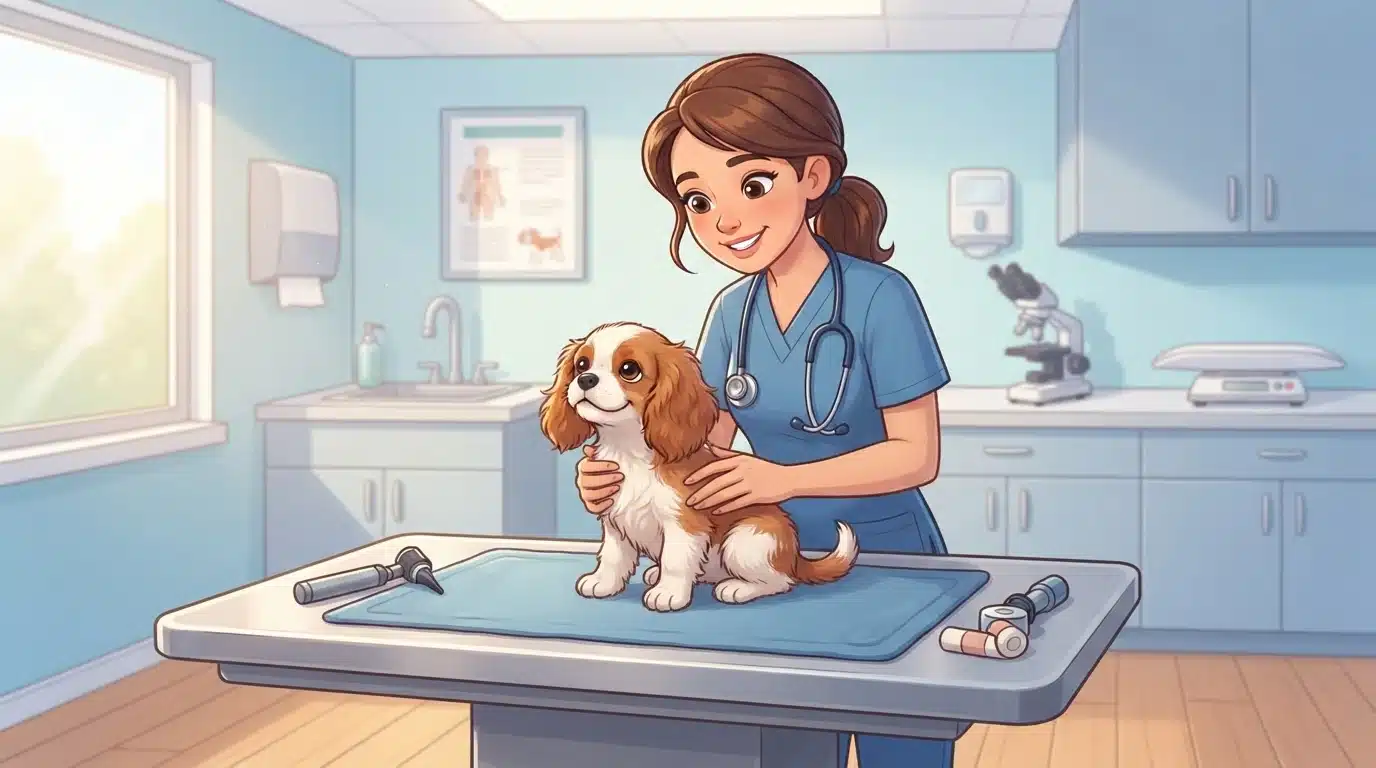 Vet gently examining a small fluffy puppy
