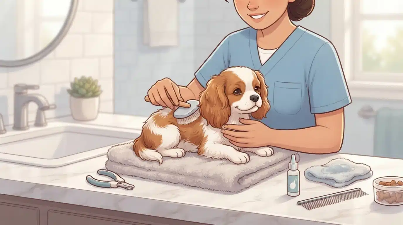 Person grooming a fluffy puppy on bathroom counter
