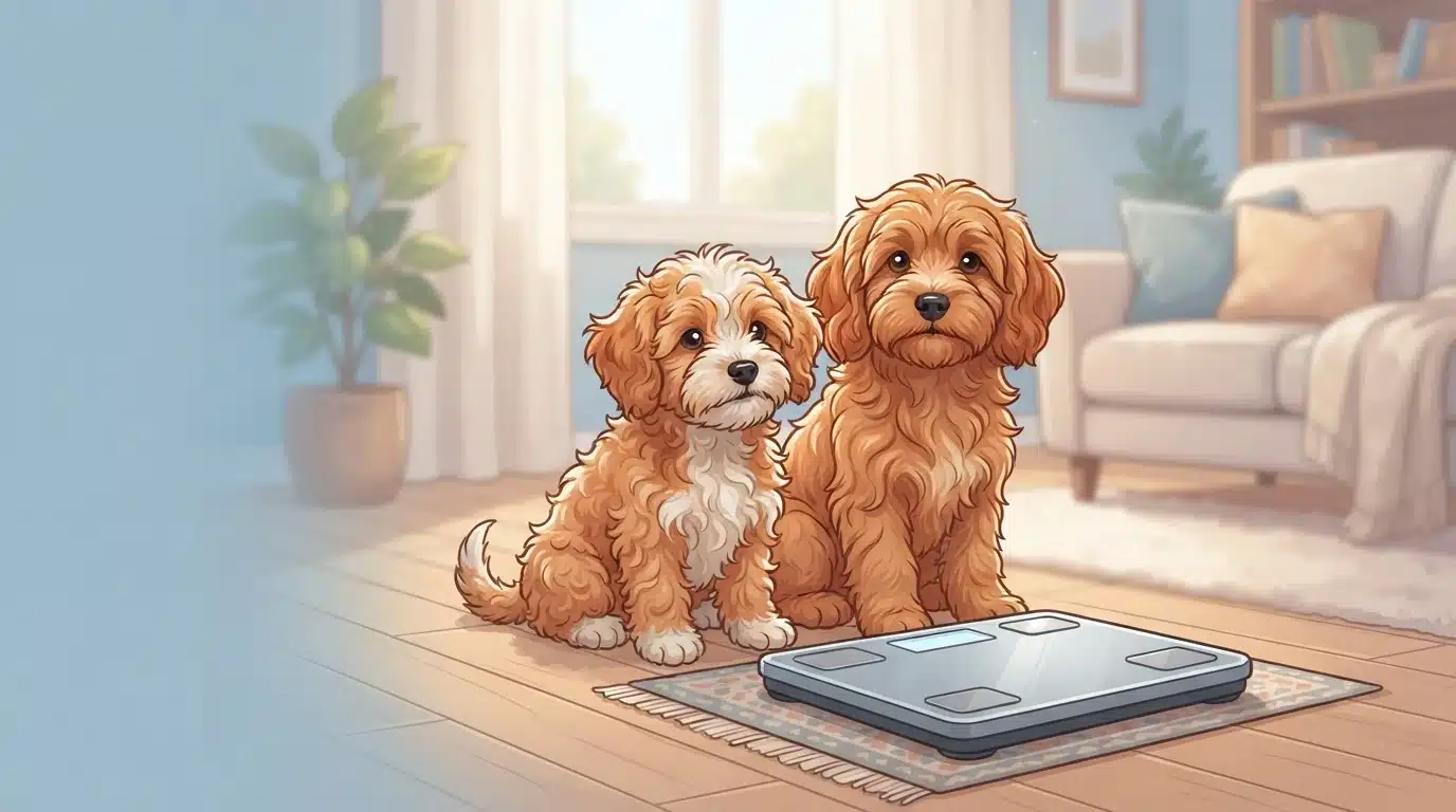 Havapoo and Cavapoo puppies beside a bathroom scale