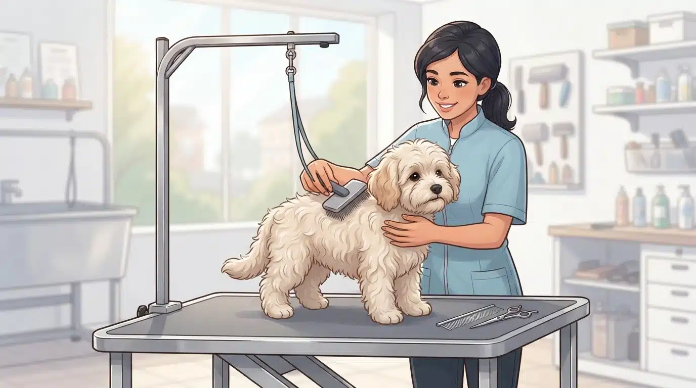 Groomer brushing a cream Havapoo puppy