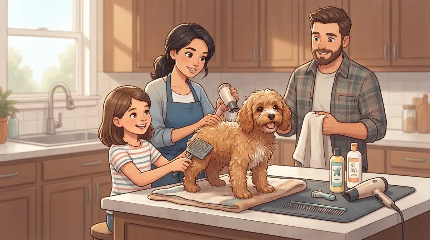 Family drying and brushing a curly puppy after a bath