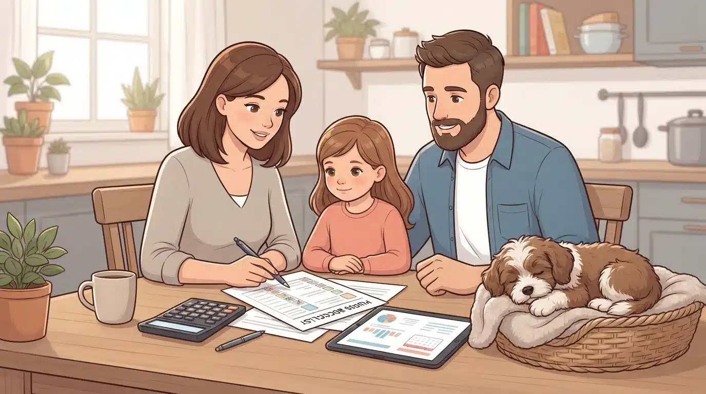 Family reviewing puppy budget at kitchen table