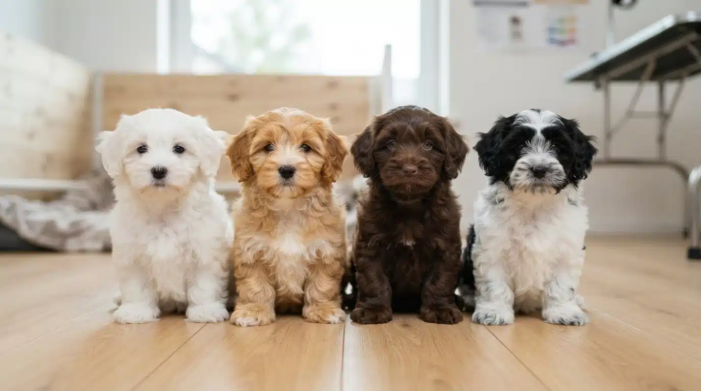 Havanese puppies showing white, gold, chocolate, and black coats
