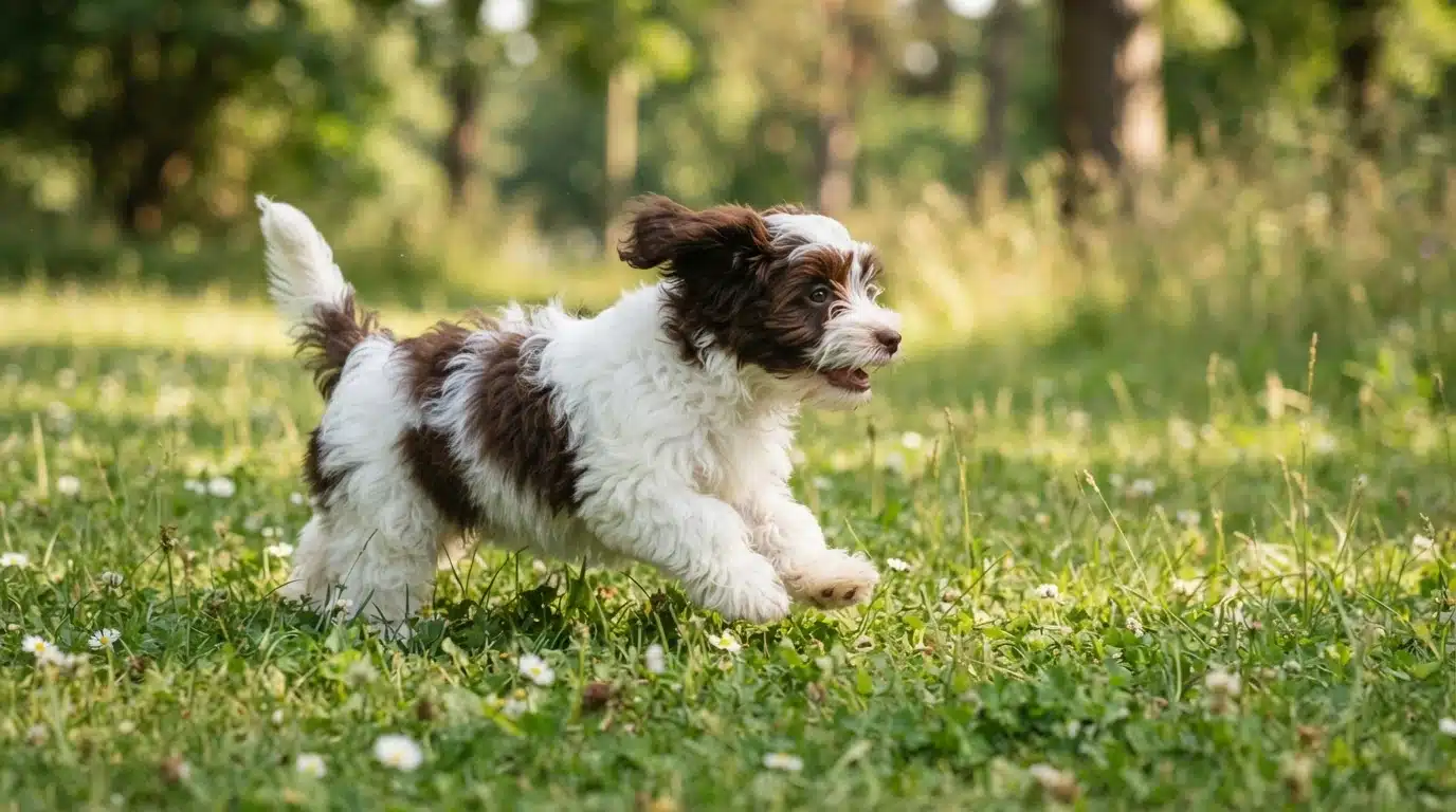 Parti-color Havanese puppy running on grass