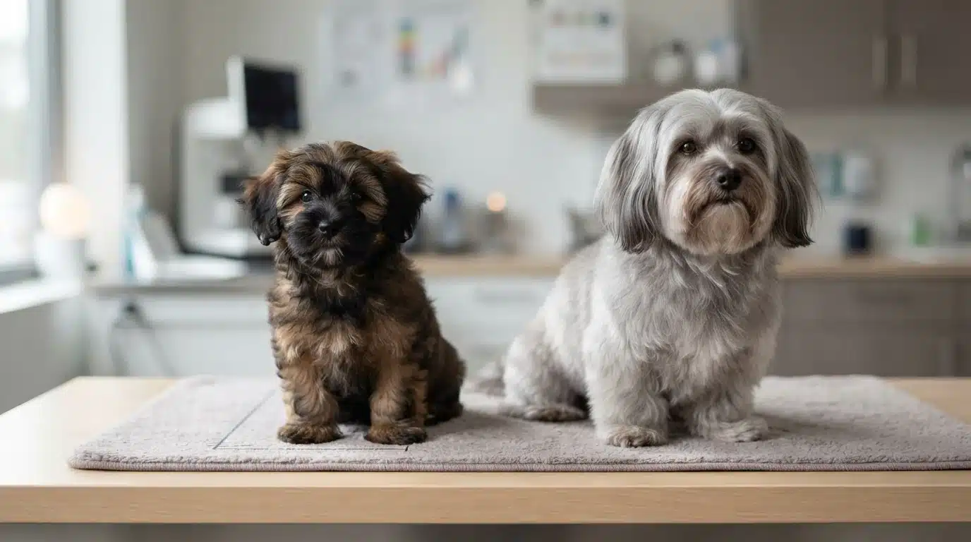 Sable Havanese puppy beside silver adult version