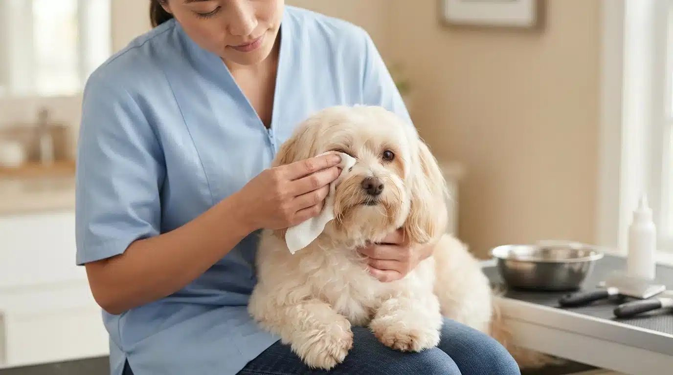 Owner gently wiping a cream Havanese's eye