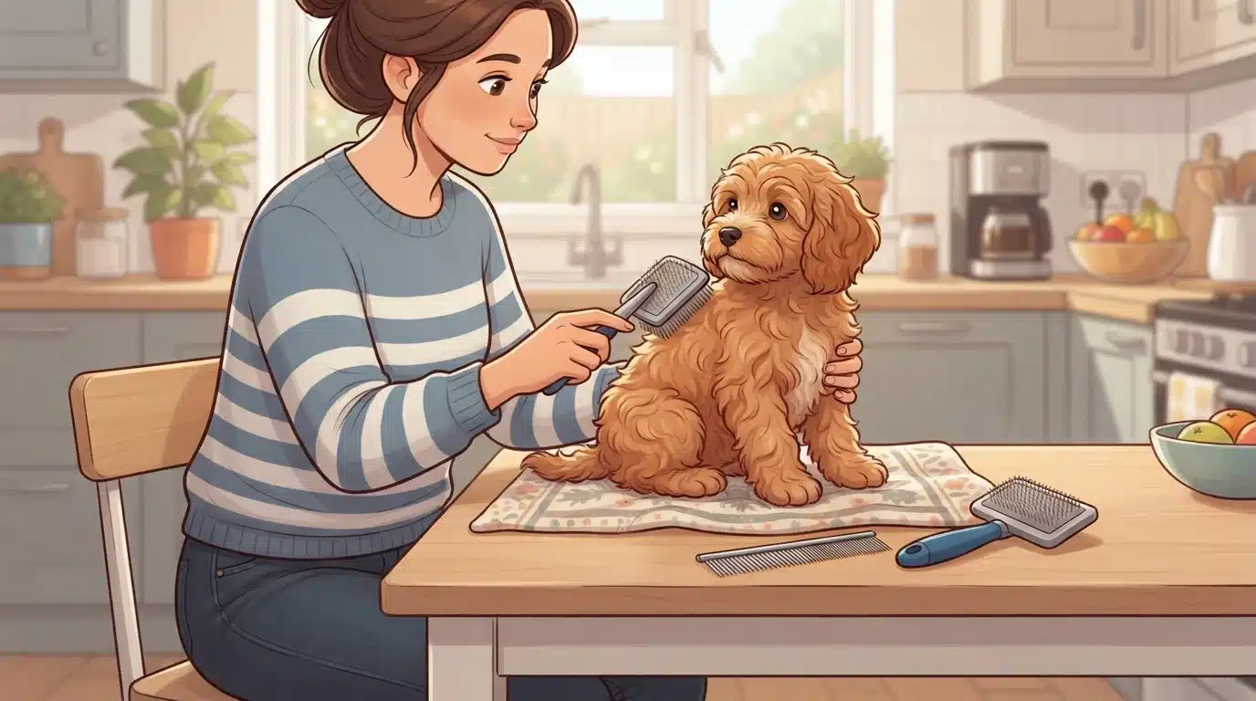 Parent grooming a wavy-coated puppy at table