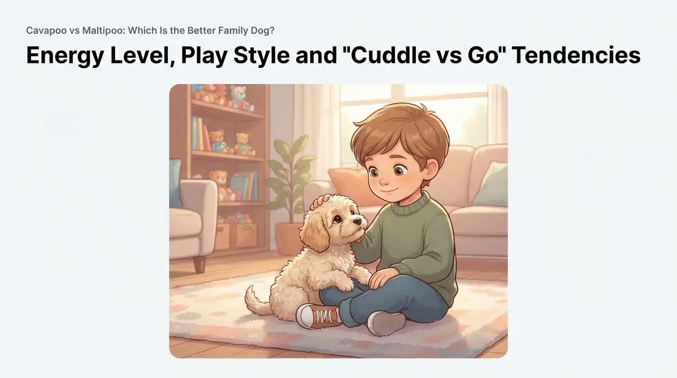 Child sitting with curly-coated puppy in living room