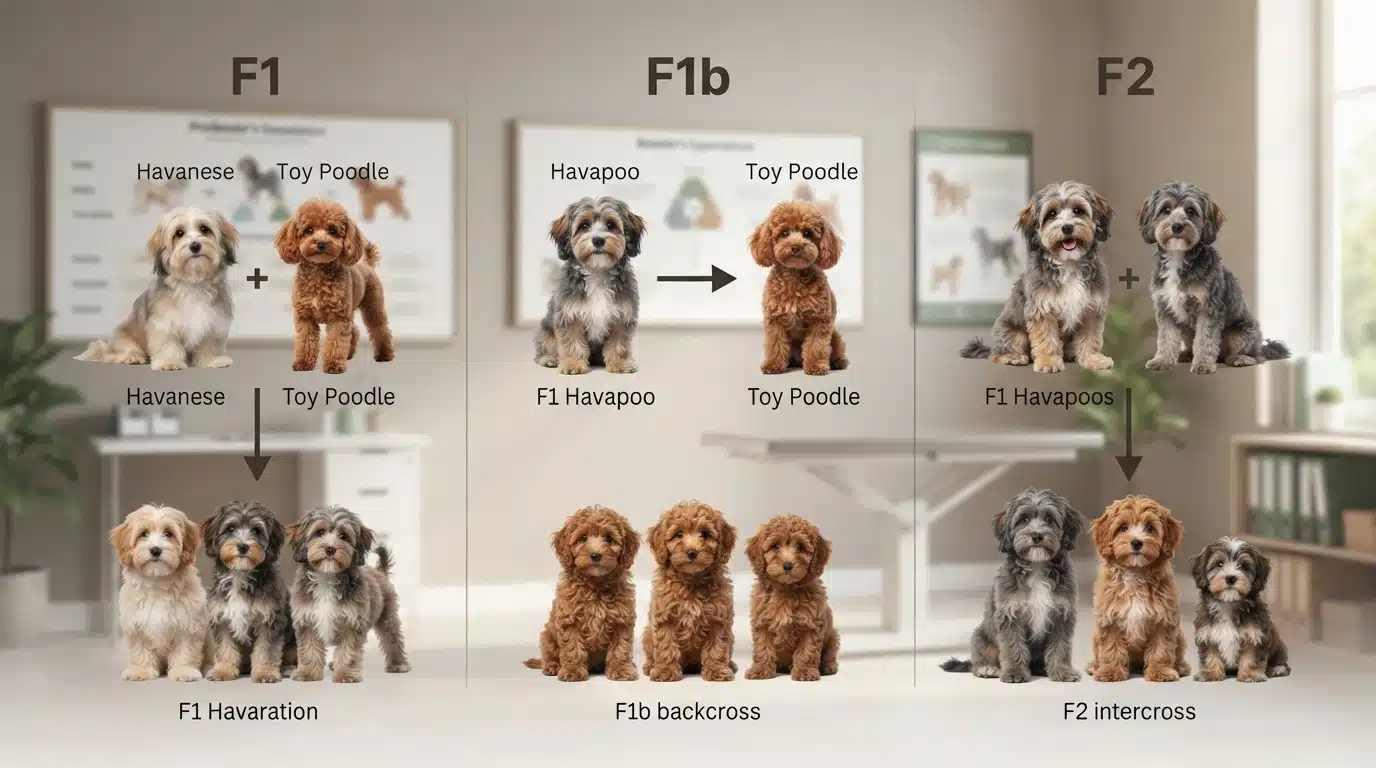 Three dog breed crosses diagrammed on wood