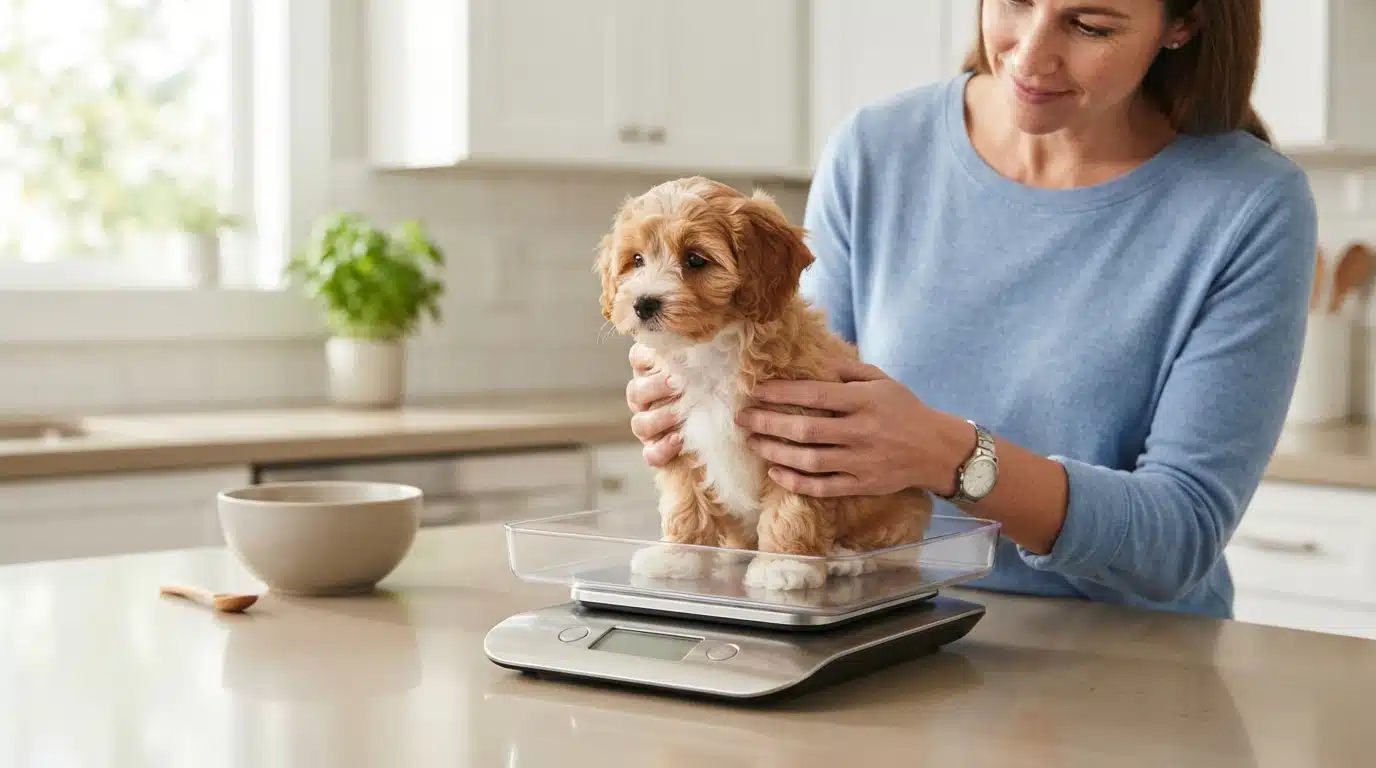 Weighing a fluffy puppy on a kitchen scale