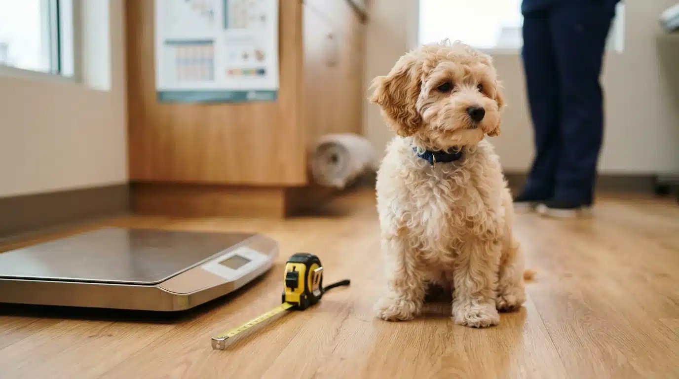Havapoo puppy sitting beside measuring tools