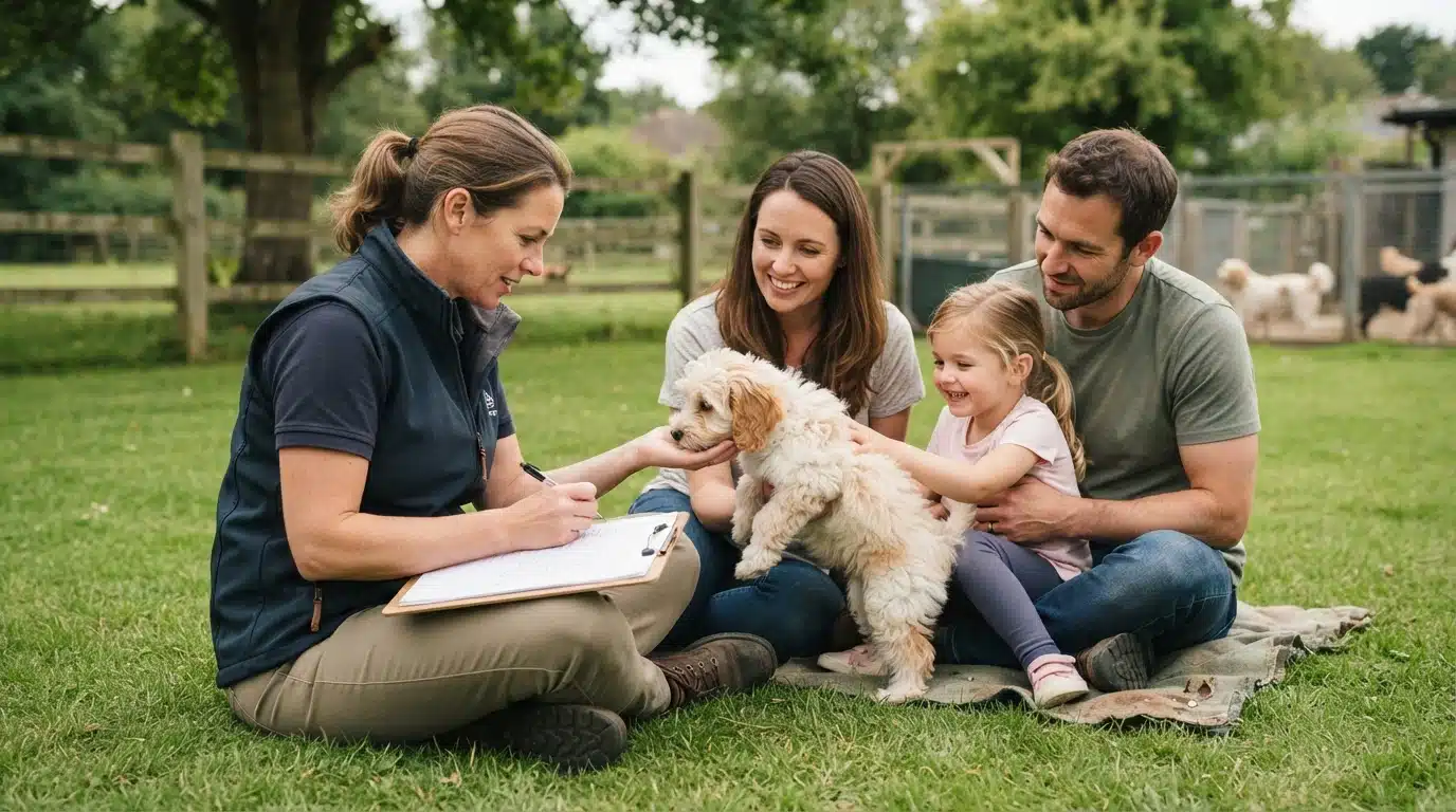 Breeder evaluating a puppy beside a clipboard