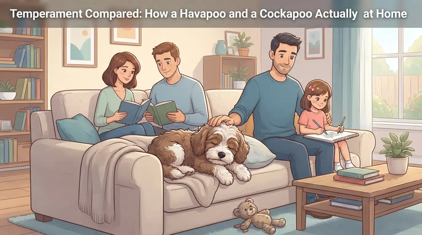 Calm Havapoo puppy resting on a couch