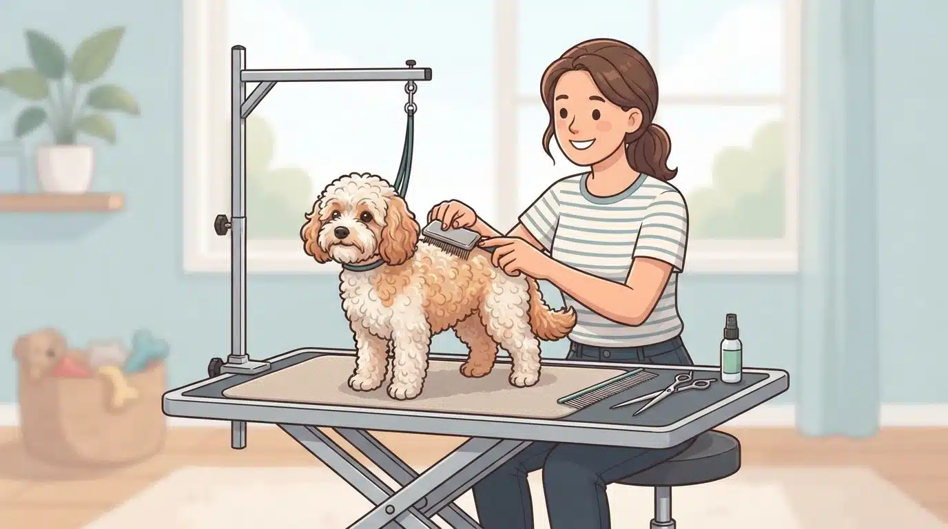 Person brushing a curly-coated dog on a grooming table
