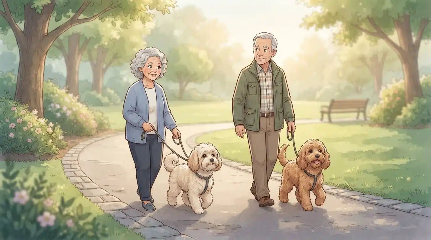 Two dogs walking with owners on a park path