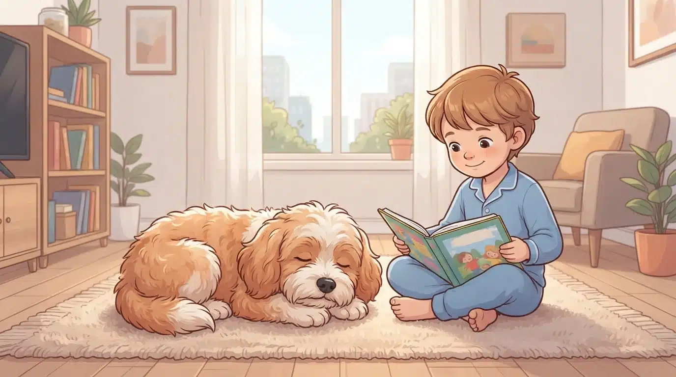 Havapoo resting beside a child reading on the floor