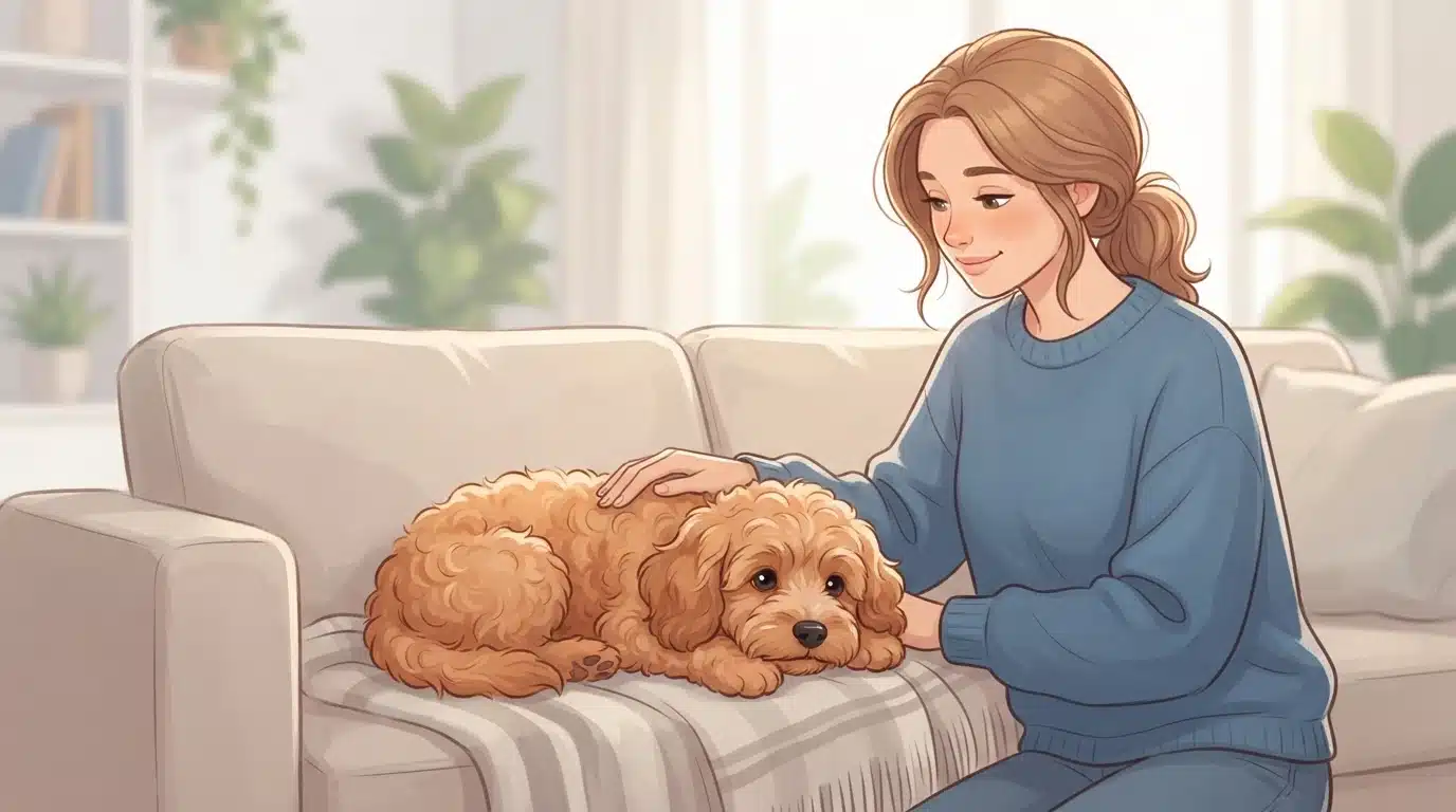 Cavapoo puppy resting on sofa with owner