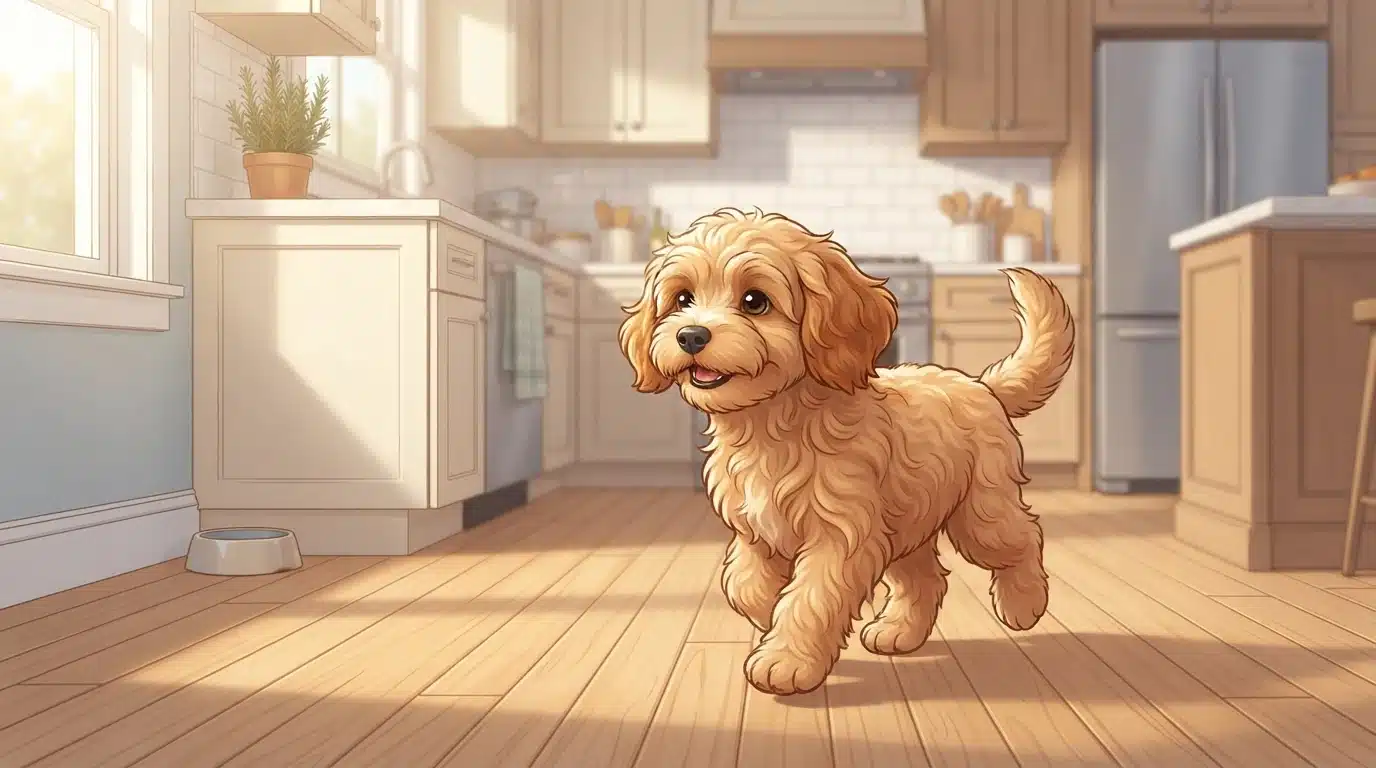 Golden Cavapoo puppy trotting on sunlit floor