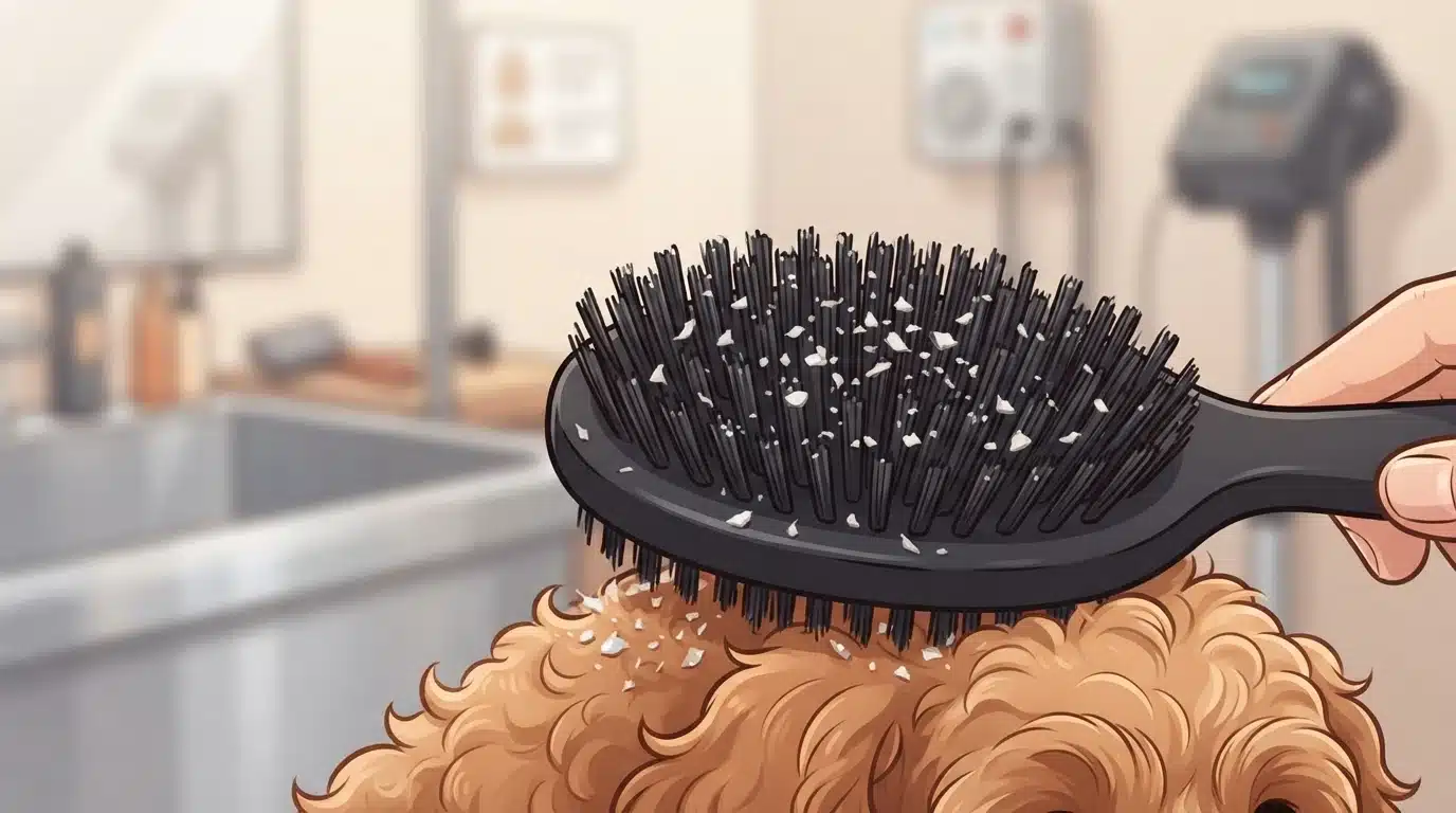Cartoon puppy loose skin flakes on brush