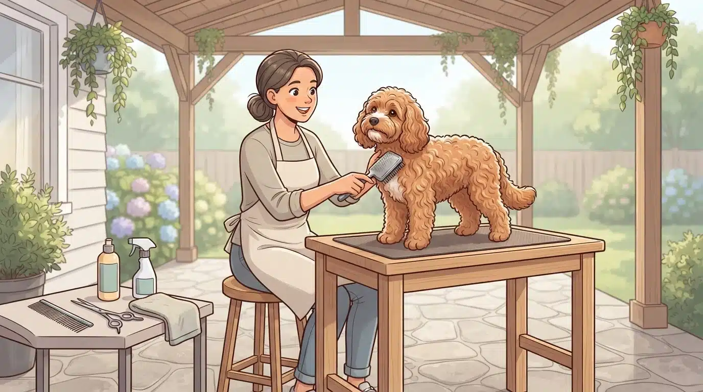 Person brushing apricot Cavapoo on patio