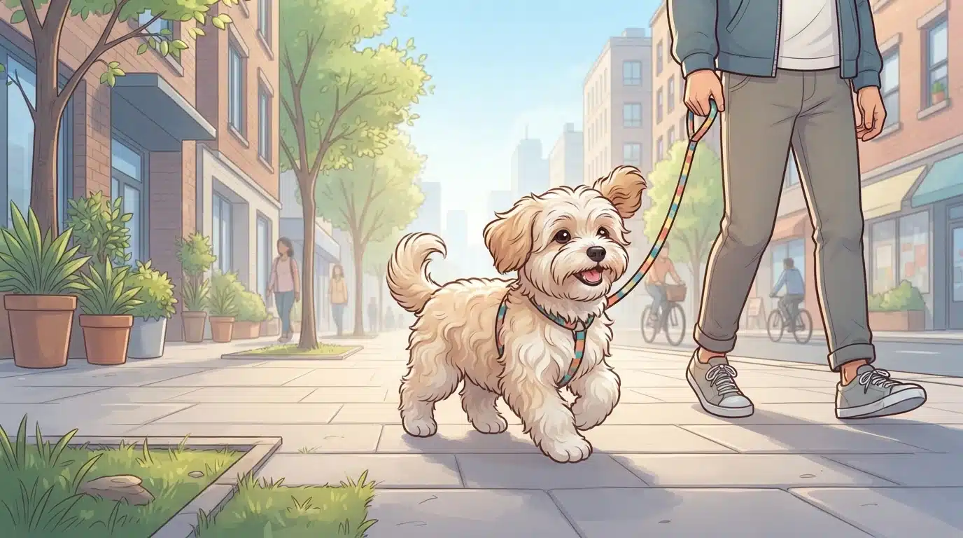 Havanese walking on morning city sidewalk