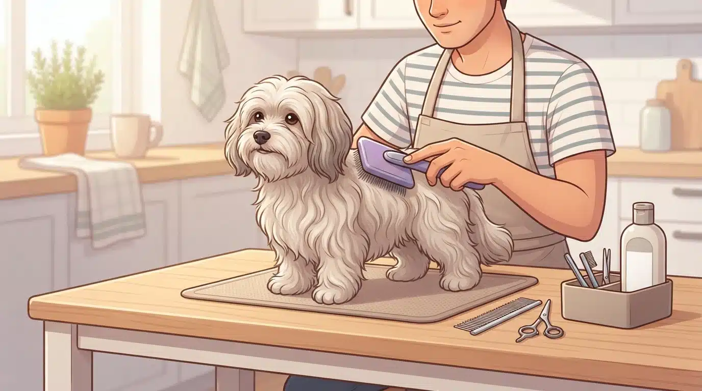 Person brushing fluffy dog on kitchen table