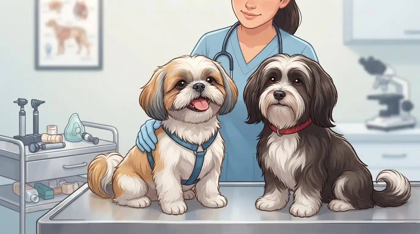 Two small breeds compared at a vet clinic