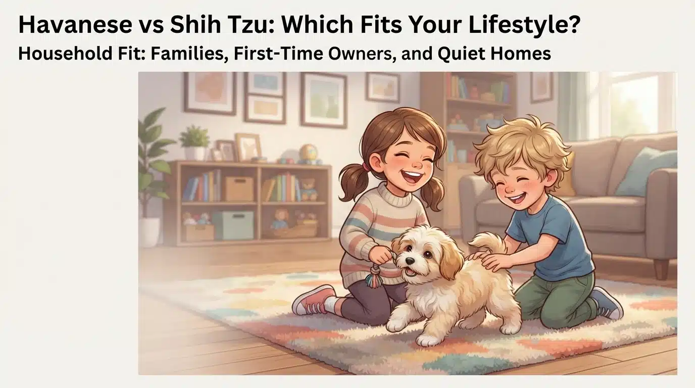 Havanese puppy playing with two children