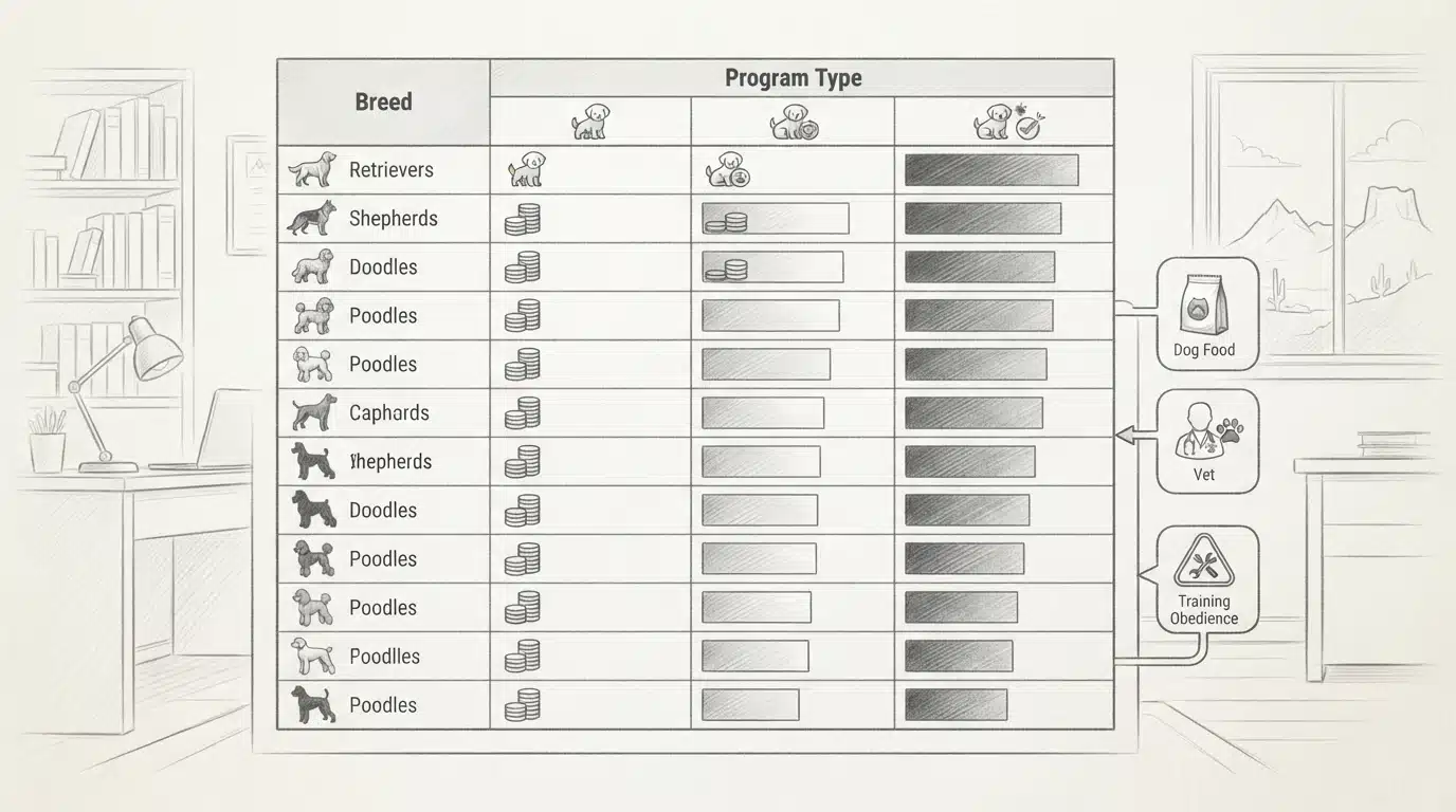Pencil sketch of price comparison table with puppy icons