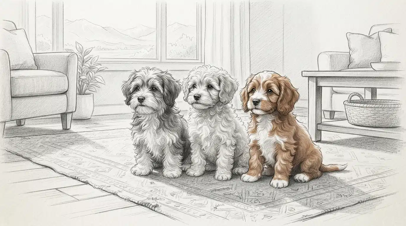 Three fluffy puppies sitting on a sunlit family room rug