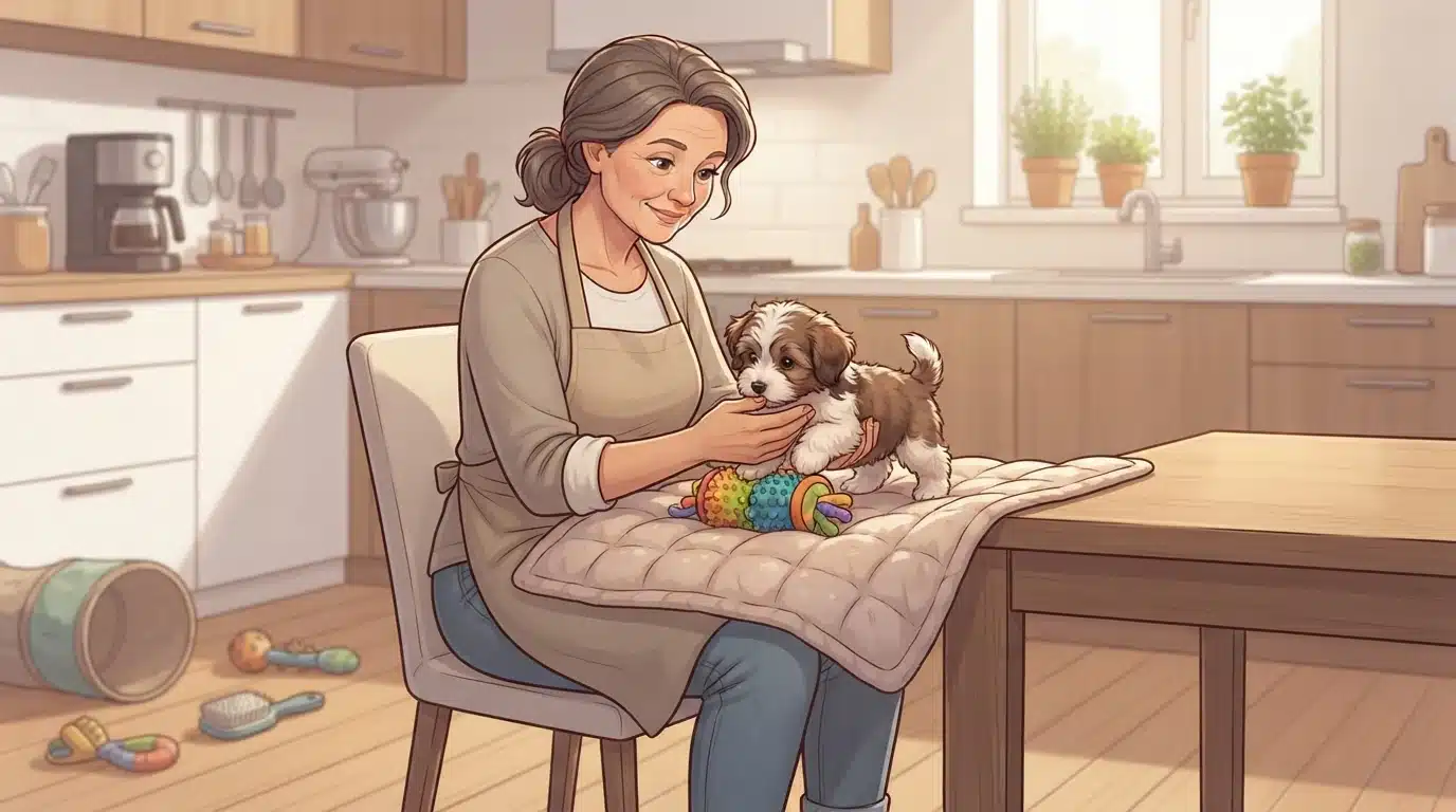 Breeder gently holds a fluffy puppy on a soft blanket