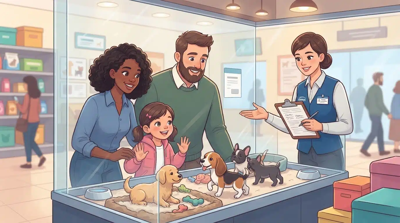 Family viewing puppies through pet store glass