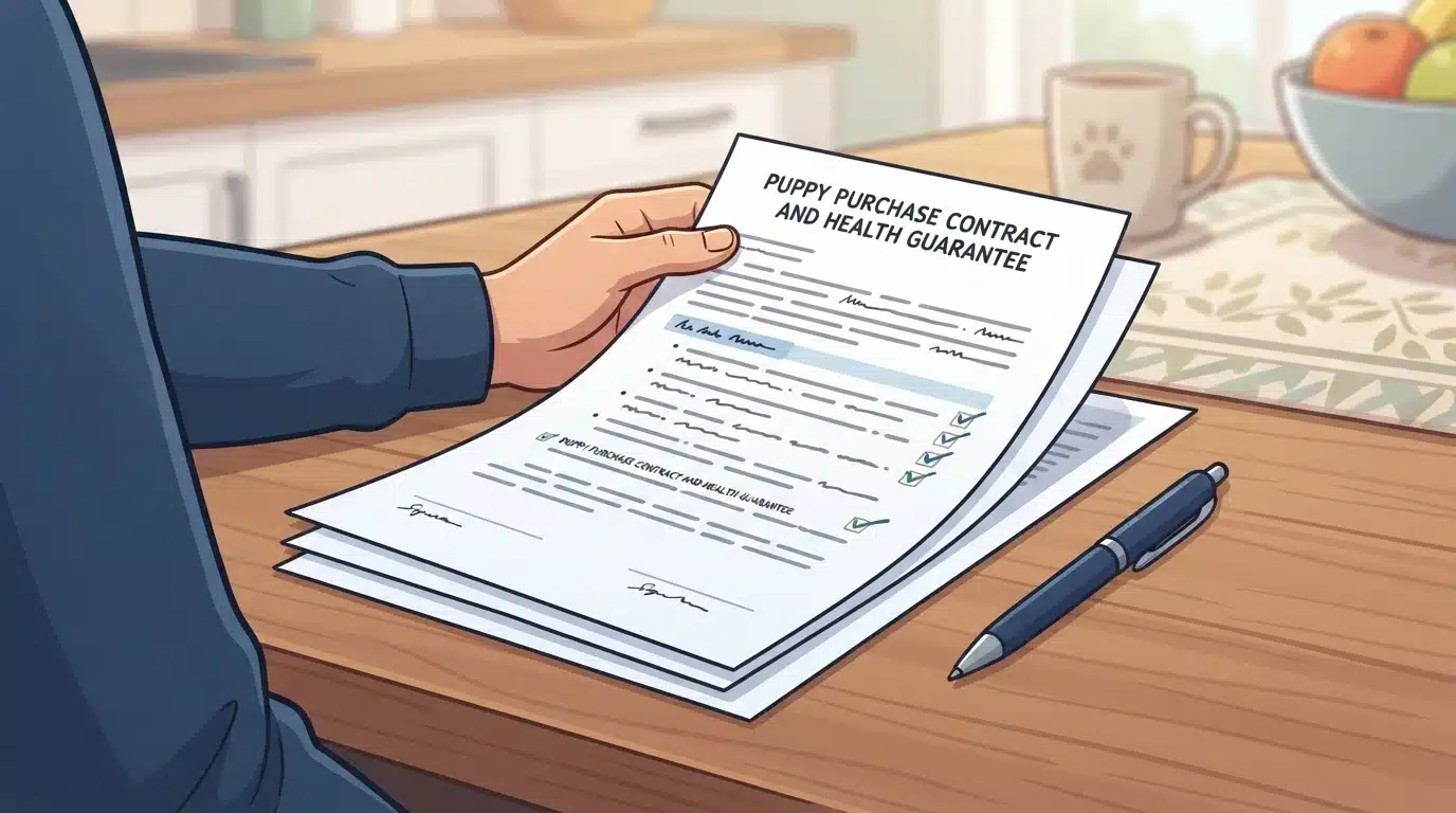 Puppy health guarantee contract on table