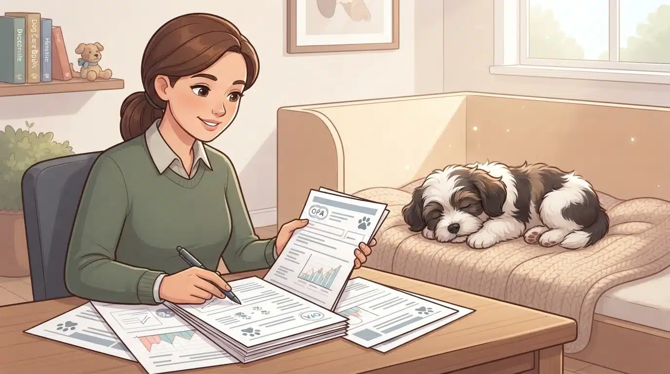 Breeder reviewing health records beside sleeping puppy
