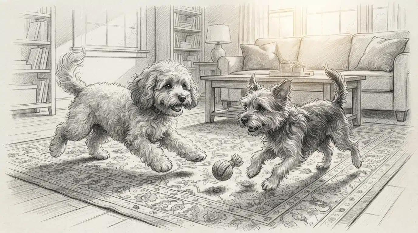 Two doodle puppies playing on a sunlit rug