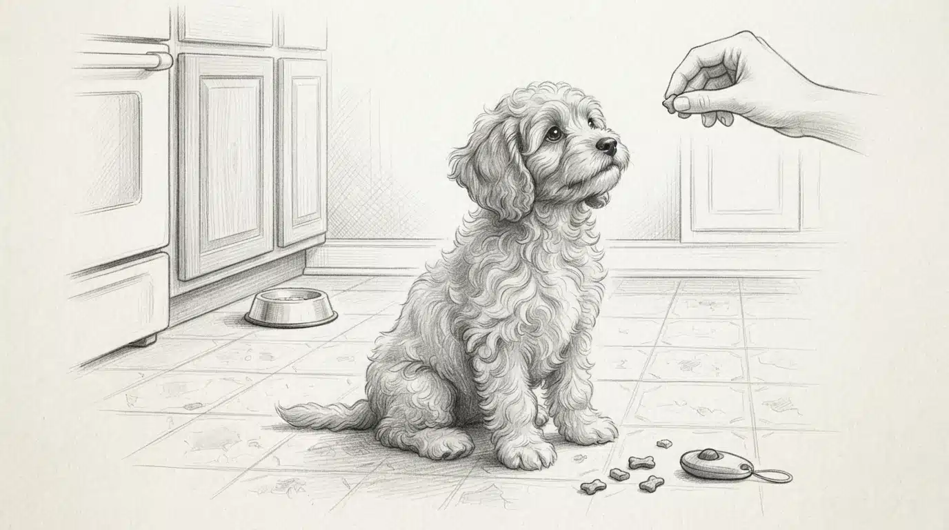Cavapoo puppy training attentively on kitchen floor