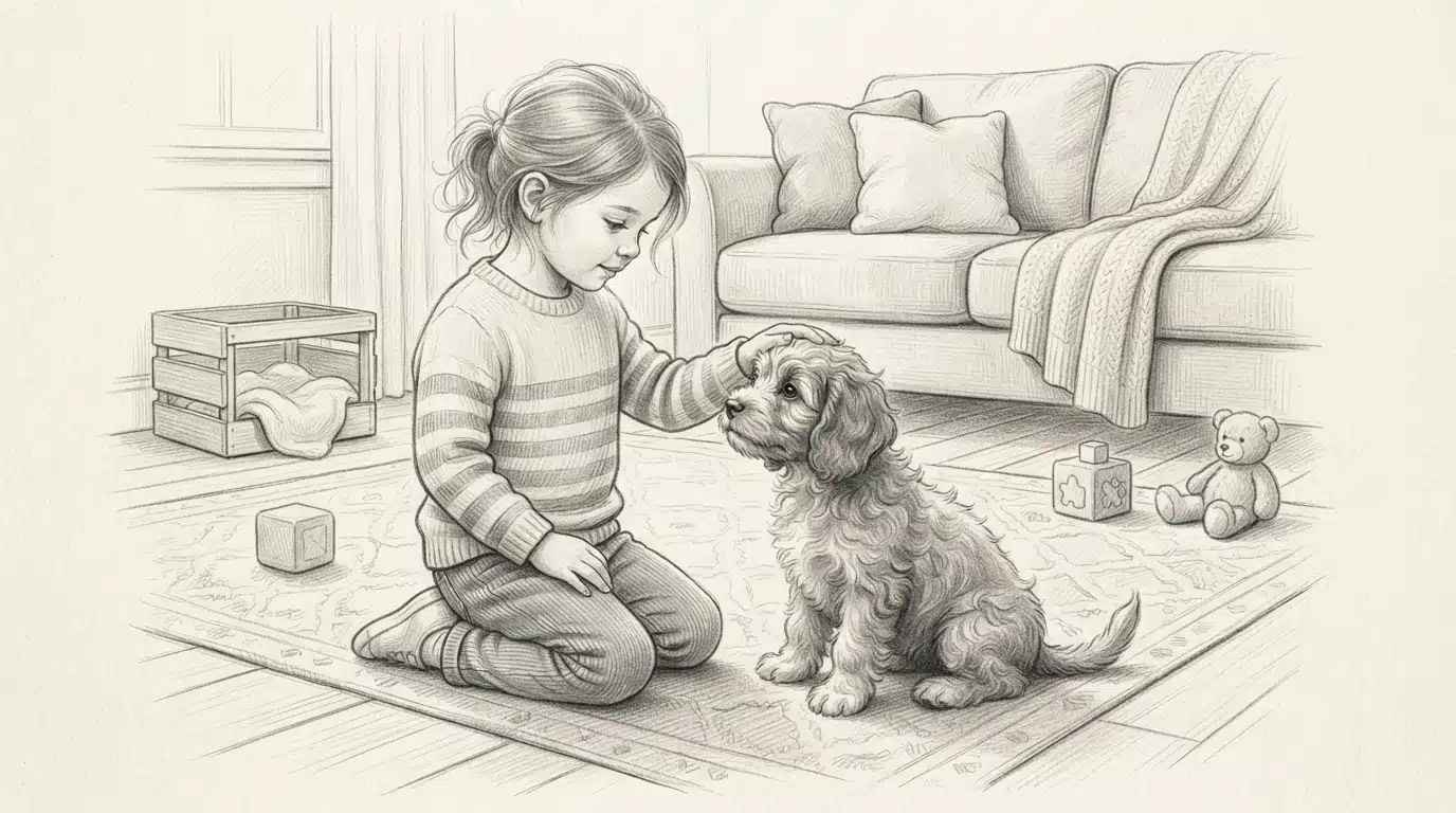Child gently petting a small puppy on carpet